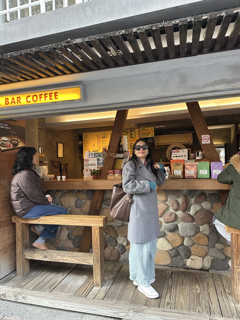 Old mountain-town bar coffee stand with river-stone counter