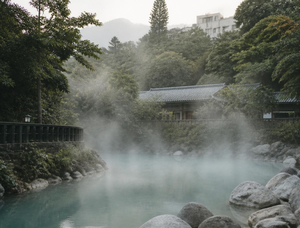 Misty turquoise thermal pool at Beitou Hot Springs, surrounded by forest and Japanese-era architecture