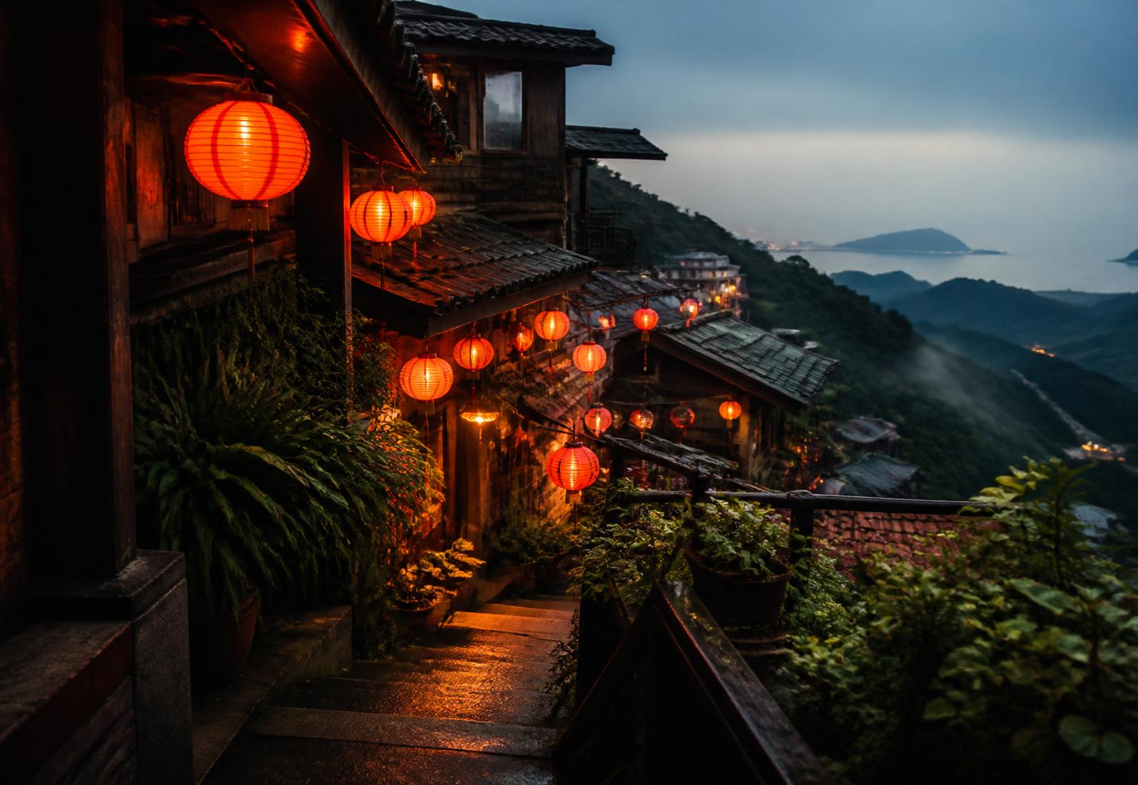Jiu Fen at dusk, red paper lanterns glowing along narrow hillside lanes