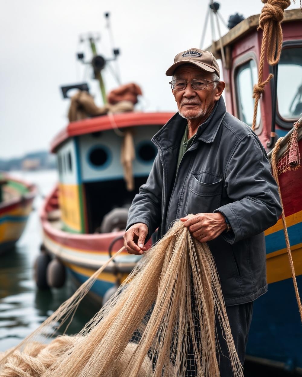 A Taiwanese fisherman mending nets at a small harbor