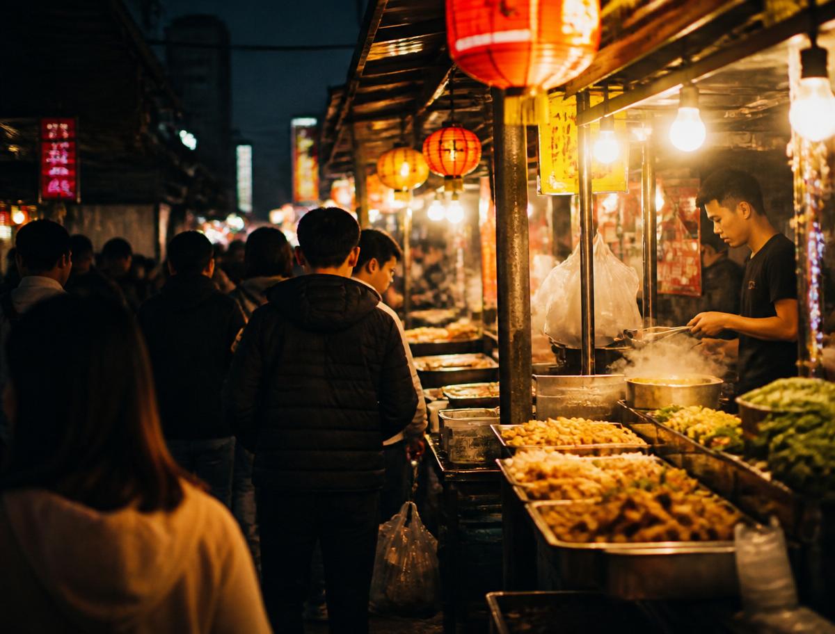 Taipei night market at dusk, glowing food stalls and red lanterns along a busy walkway
